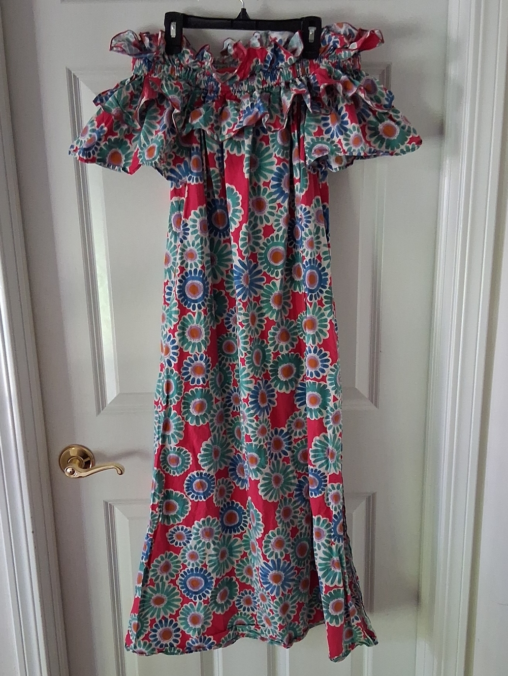LA DoubleJ Crazy Daisy multicolor print Off The Shoulder Ruffle Dress Size XS
